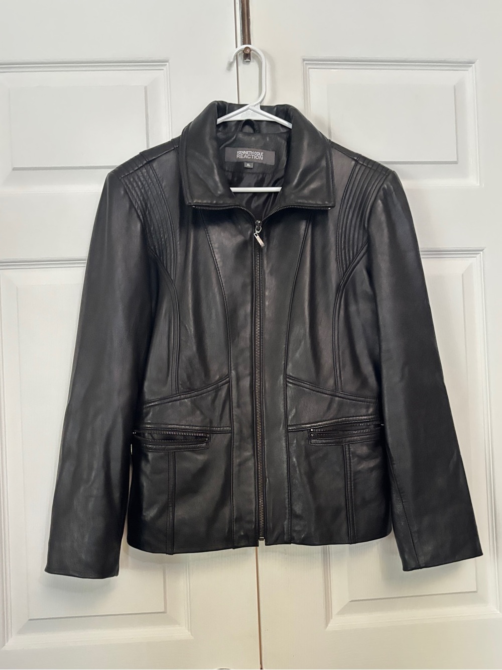 Kenneth Cole Reaction women’s XL black genuine leather moto jacket zip pockets